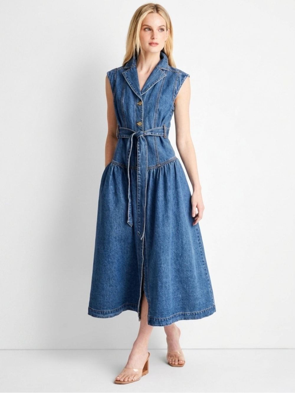 Future Collective x Jeneé Naylor Denim Midi Dress Size 2 Blue Sleeveless Button
